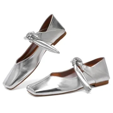VOLEECE Silver Bow Ballet Flats Shoes for Women Bow Tie Slip On Mary Jane Flats Square Toe Casual Dress Ballerina Shoes