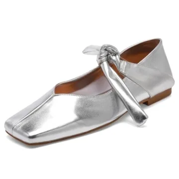 VOLEECE Silver Bow Ballet Flats Shoes for Women Bow Tie Slip On Mary Jane Flats Square Toe Casual Dress Ballerina Shoes