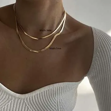 Tewiky Herringbone Necklace 16Inch Flat Snake Chain Necklace 14k Gold Plated Italian Solid 5MM Flexible Chain Choker Necklace for Women…