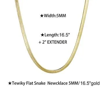 Tewiky Herringbone Necklace 16Inch Flat Snake Chain Necklace 14k Gold Plated Italian Solid 5MM Flexible Chain Choker Necklace for Women…