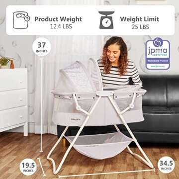 Dream On Me Karley Bassinet in Cool Grey, Lightweight Portable Baby Bassinet, Quick Fold and Easy to Carry , Adjustable Double Canopy, Indoor and Outdoor Bassinet with Large Storage Basket.