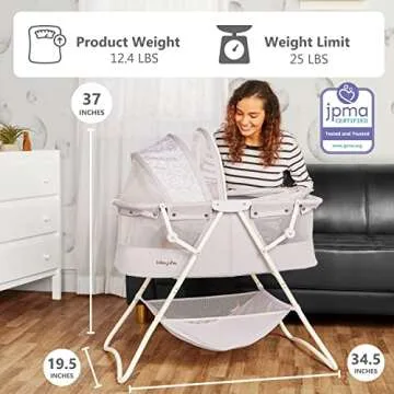 Dream On Me Karley Bassinet in Cool Grey, Lightweight Portable Baby Bassinet, Quick Fold and Easy to Carry , Adjustable Double Canopy, Indoor and Outdoor Bassinet with Large Storage Basket.