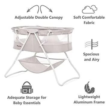 Dream On Me Karley Bassinet in Cool Grey, Lightweight Portable Baby Bassinet, Quick Fold and Easy to Carry , Adjustable Double Canopy, Indoor and Outdoor Bassinet with Large Storage Basket.