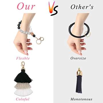 Bisanzoya Beaded Keychain with Tassel, Silicone Key Ring Bracelet, Cute Boho Car Key Chain Wristlet for Women (Beaded, Black)