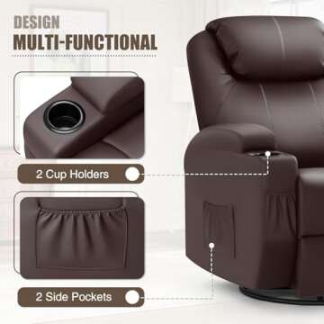 JUMMICO Recliner Chair, Rocking Massage Chairs, Home Reclining Sofa Chair, PU Leather, Ergonomic Living Room Chair with Cup Holders, Remote Control (Brown)
