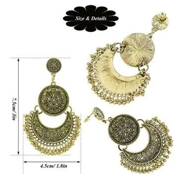 RechicGu Vintage Gold Ethnic Bali Jhumka Jhumki Lotus Mexico Gypsy Dangle Earrings Traditional Ear Studs with Gift Box