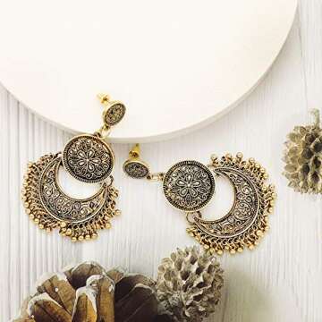 RechicGu Vintage Gold Ethnic Bali Jhumka Jhumki Lotus Mexico Gypsy Dangle Earrings Traditional Ear Studs with Gift Box