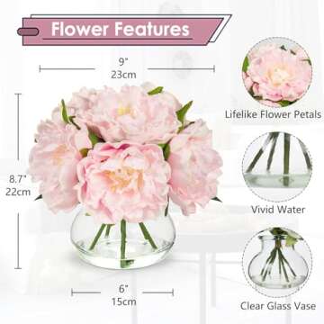 Hollyone Pink Peonies Artificial Flowers with Vase Faux Flowers Peony Fake Flowers Silk Flower Arran...