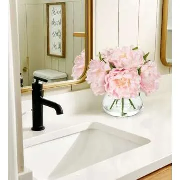Hollyone Pink Peonies Artificial Flowers with Vase Faux Flowers Peony Fake Flowers Silk Flower Arrangements in Glass Vase with Faux Water for Home Decor Bathroom Table Centerpiece Shelf Decorations