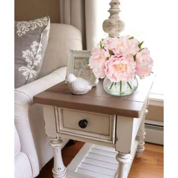 Hollyone Pink Peonies Artificial Flowers with Vase Faux Flowers Peony Fake Flowers Silk Flower Arrangements in Glass Vase with Faux Water for Home Decor Bathroom Table Centerpiece Shelf Decorations