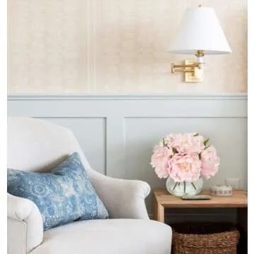 Hollyone Pink Peonies Artificial Flowers with Vase Faux Flowers Peony Fake Flowers Silk Flower Arrangements in Glass Vase with Faux Water for Home Decor Bathroom Table Centerpiece Shelf Decorations