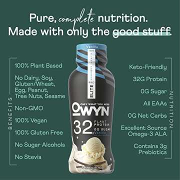 OWYN Only What You Need Pro Elite Vegan Plant Based High Protein Shake, Vanilla, 12 Pack, 32g Protein, Amino Acids, Prebiotics, Omega-3, Workout and Recovery, 0g Net Carbs, Zero Sugar, Keto