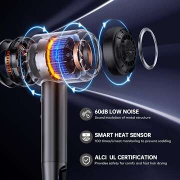 Hair Dryer with Diffuser,Fast Drying 1500W Motor &10,5000 RPM,Professional Hair Dryer with 500 Million Ions for Curly and Straight Hair Low Noise/Lightweight/Mini,Great for Travel and Home(Gray)