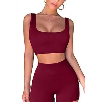 QINSEN Yoga Tops for Women 2 Piece Sets Athletic Seamless Leggings and Ribbed Sport Bra Sets Wine M
