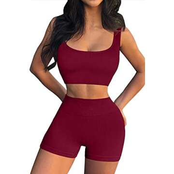 QINSEN Yoga Tops for Women 2 Piece Sets Athletic Seamless Leggings and Ribbed Sport Bra Sets Wine M