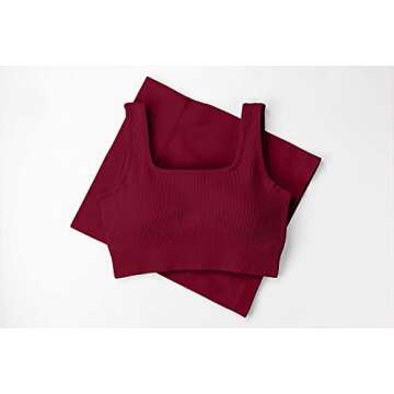 QINSEN Yoga Tops for Women 2 Piece Sets Athletic Seamless Leggings and Ribbed Sport Bra Sets Wine M