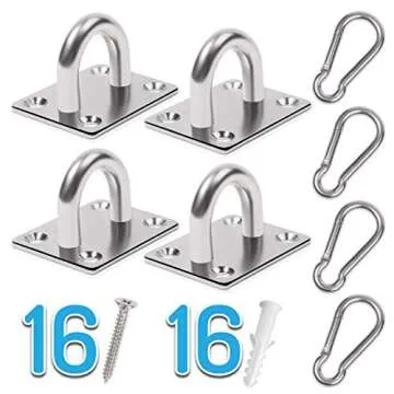 4 PCS M6 Premium Heavy Duty Square Stainless Steel Pad Eye Hooks + 4PCS Snap Hooks and 16 PCS Screws...