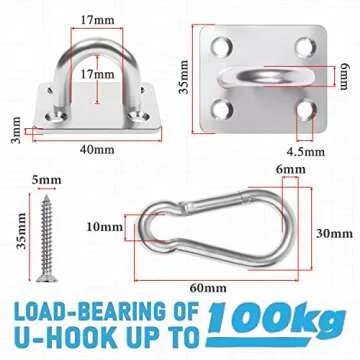 4 PCS M6 Premium Heavy Duty Square Stainless Steel Pad Eye Hooks + 4PCS Snap Hooks and 16 PCS Screws with 16 PCS Plastic Expansion Tube, Ceiling Hooks for Outdoor Indoor Activity