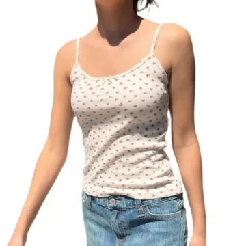 Women Y2K Lace Trim Crop Top - Vintage Bow Cami Top with Lace Trim