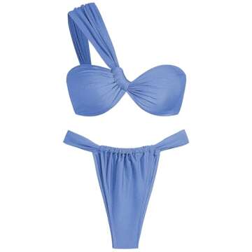 ZAFUL Women's One Shoulder Bikini Twisted Ruched High Cut Bandeau Bikini Set Two Piece Swimsuit (1-Light Blue, XL)