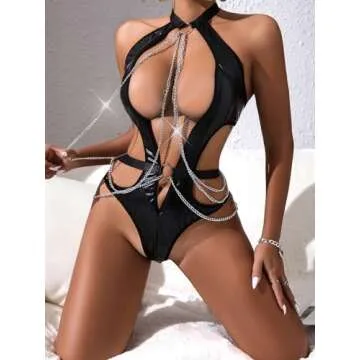 UVBGTS Women Sexy Bodysuit Leather Lingerie Chain Bondaged Teddy Babydoll Dominatrice Outfits (Black, L)