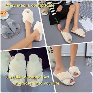 LZLER Women Fuzzy Fluffy Furry Slippers Fur Flip Flop Open Toe Slippers Cross Band Shoes Slides for Ladies House Home Indoor Outdoor(Beige,9)