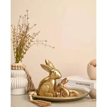 WONDROUS' DECO Wooden Golden Easter Bunny Figurines, Small Decorative Easter Bunny Statue Set of 2, ...