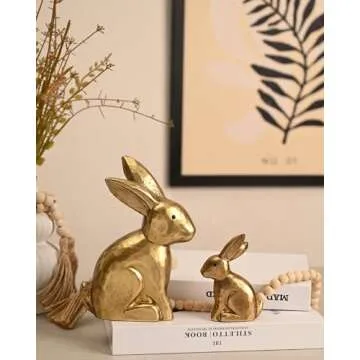WONDROUS' DECO Wooden Golden Easter Bunny Figurines, Small Decorative Easter Bunny Statue Set of 2, Vintage Easter Rabbit Table Home Decoration, Gift