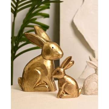 WONDROUS' DECO Wooden Golden Easter Bunny Figurines, Small Decorative Easter Bunny Statue Set of 2, Vintage Easter Rabbit Table Home Decoration, Gift