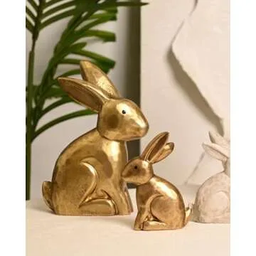 WONDROUS' DECO Wooden Golden Easter Bunny Figurines, Small Decorative Easter Bunny Statue Set of 2, Vintage Easter Rabbit Table Home Decoration, Gift