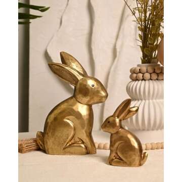 WONDROUS' DECO Wooden Golden Easter Bunny Figurines, Small Decorative Easter Bunny Statue Set of 2, Vintage Easter Rabbit Table Home Decoration, Gift