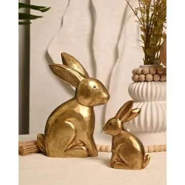 WONDROUS' DECO Wooden Golden Easter Bunny Figurines, Small Decorative Easter Bunny Statue Set of 2, Vintage Easter Rabbit Table Home Decoration, Gift
