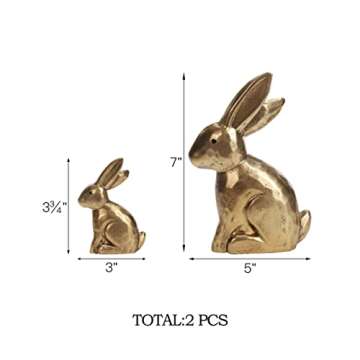 WONDROUS' DECO Wooden Golden Easter Bunny Figurines, Small Decorative Easter Bunny Statue Set of 2, Vintage Easter Rabbit Table Home Decoration, Gift