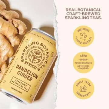 Rishi Tea Dandelion Ginger Sparkling Botanicals Sparkling Water - Organic, Unsweetened, Zero Added Sugar, Caffeinated, Craft-Brewed From Real Plants - 12 oz (Pack of 12)