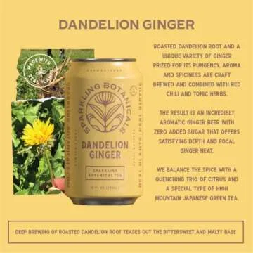 Rishi Tea Dandelion Ginger Sparkling Botanicals Sparkling Water - Organic, Unsweetened, Zero Added Sugar, Caffeinated, Craft-Brewed From Real Plants - 12 oz (Pack of 12)