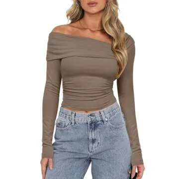 Darong Casual Off One Shoulder Fitted T-Shirts Long Sleeve Tops Tunic Blouses for Women 9033 Khaki XS