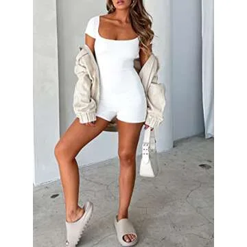 Argeousgor Women Slim Fit Casual Rompers Square Neck Solid Color Playsuit Short Sleeve Jumpsuit Shorts Bodysuit Y2k Streetwear