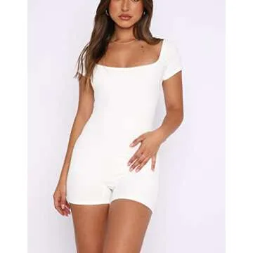 Argeousgor Women Slim Fit Casual Rompers Square Neck Solid Color Playsuit Short Sleeve Jumpsuit Shorts Bodysuit Y2k Streetwear