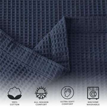 100% Cotton Blanket for Full Queen Size Bed - Blue Waffle Weave Lightweight Summer Bed Blanket - 90x...