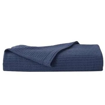100% Cotton Blanket for Full Queen Size Bed - Blue Waffle Weave Lightweight Summer Bed Blanket - 90x90in Prewashed Breathable, Woven, Layering Blanket (Full/Queen, Navy)
