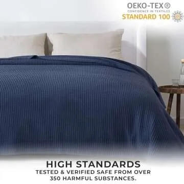 100% Cotton Blanket for Full Queen Size Bed - Blue Waffle Weave Lightweight Summer Bed Blanket - 90x90in Prewashed Breathable, Woven, Layering Blanket (Full/Queen, Navy)