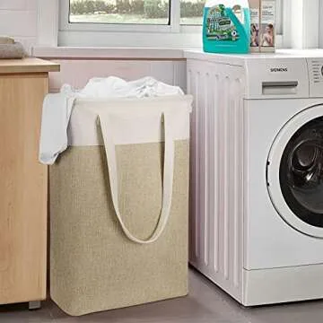 Laundry Hampers Tall Slim Laundry Baskets Thin Foldable Clothes Hamper Narrow Hamper for Laundry Storage Organizer Collapsible Hamper Laundry with White and Brown Imitated Burlap Patchwork,QY-SC24-2