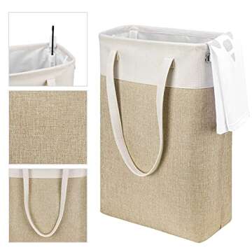 Laundry Hampers Tall Slim Laundry Baskets Thin Foldable Clothes Hamper Narrow Hamper for Laundry Storage Organizer Collapsible Hamper Laundry with White and Brown Imitated Burlap Patchwork,QY-SC24-2
