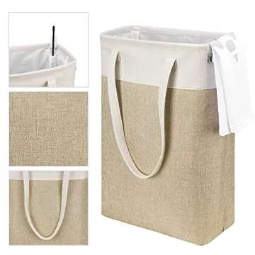 Laundry Hampers Tall Slim Laundry Baskets Thin Foldable Clothes Hamper Narrow Hamper for Laundry Storage Organizer Collapsible Hamper Laundry with White and Brown Imitated Burlap Patchwork,QY-SC24-2