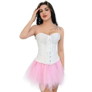 frawirshau Women's Lace Up Boned Overbust Corset Bustier Bodyshaper Top White XL