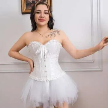 frawirshau Women's Lace Up Boned Overbust Corset Bustier Bodyshaper Top White XL