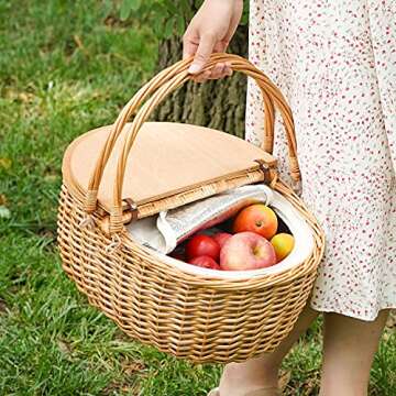 Wicker Picnic Basket with Cooler, Wooden Split Lid Picnic Basket, Vintage-Style Wicker Picnic Hamper...