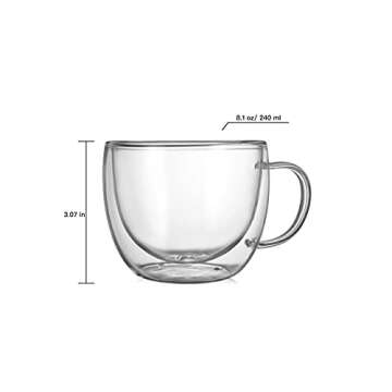 CNGLASS Double Wall Glass Cappuccino Mugs 8.1oz,Clear Insulated Glass Coffee Mug with Handle for Espresso,Latte,Tea,Set of 2