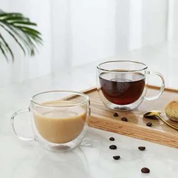 CNGLASS Double Wall Glass Cappuccino Mugs 8.1oz,Clear Insulated Glass Coffee Mug with Handle for Espresso,Latte,Tea,Set of 2
