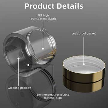4 Pieces Round Clear Wide-mouth Leak Proof Plastic Container Jars with Lids for Travel Storage Makeup Beauty Products Face Creams Oils Salves Ointments DIY Making or Others (Gold, 2 Ounce)